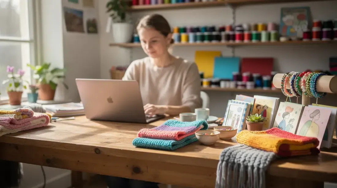 A person is seated at a desk, focused on working with a laptop, while colorful handmade products are neatly arranged nearby, suggesting a vibrant Etsy shop atmosphere. The scene captures the essence of creativity and entrepreneurship, ideal for Etsy sellers looking to optimize their listings and engage customers.