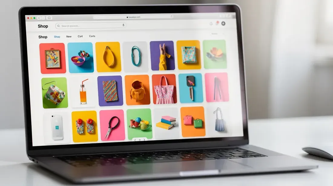 The image shows a laptop screen displaying a web browser with a grid layout of colorful product thumbnails, likely from an Etsy shop, featuring various listings that could include trending products and winning items. This visual represents tools for Etsy sellers, such as keyword research and product ideas, aimed at optimizing their online business.