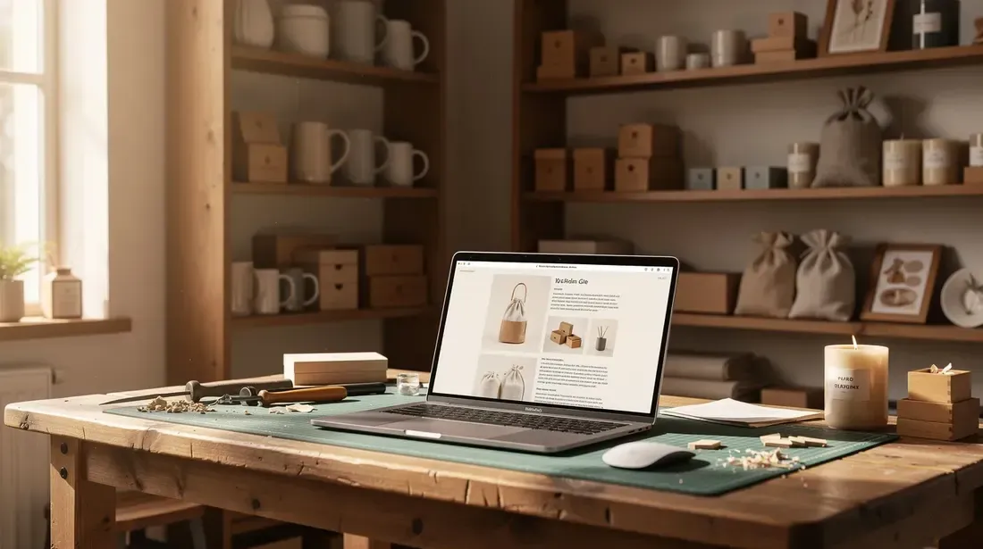 The image depicts a cozy handmade product workshop filled with shelves of crafted items, showcasing a variety of unique creations. A laptop rests on the workbench, suggesting the use of Etsy SEO tools for managing listings and optimizing the shop's performance.