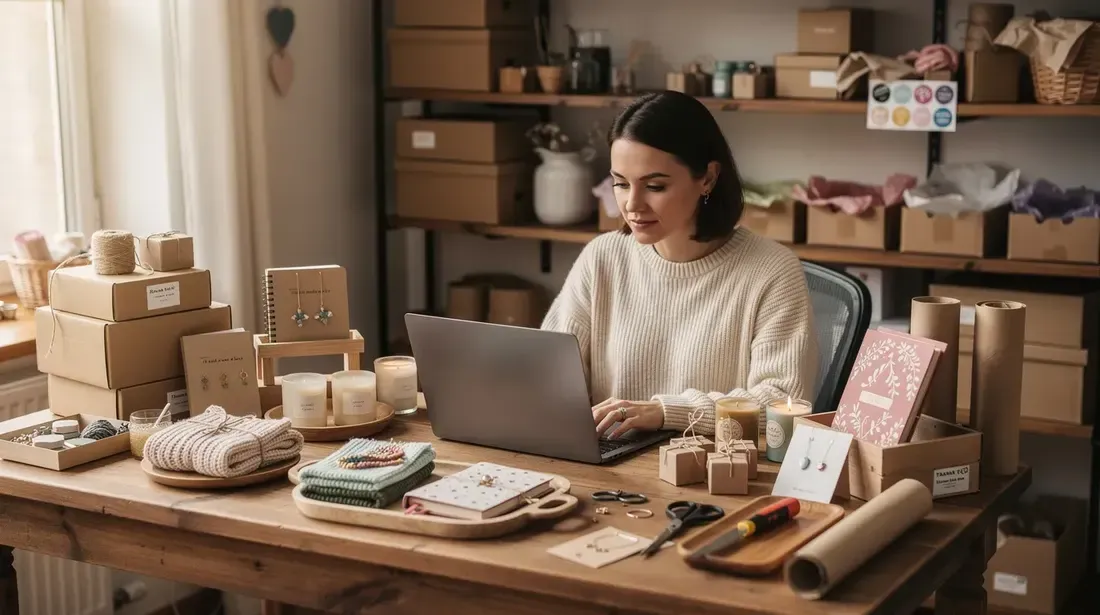 A person is seated at a desk, focused on their laptop, surrounded by an array of handmade craft products and packaging materials, illustrating the workspace of an Etsy seller. The scene captures the essence of running an Etsy shop, highlighting the importance of keyword research and effective SEO strategies for boosting sales and attracting Etsy shoppers.