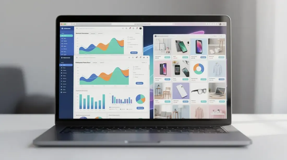 The image shows a laptop screen displaying multiple browser tabs filled with colorful charts, product photos, and data relevant to Etsy sellers. The tabs likely include tools for keyword research, sales data, and competitor analysis, aimed at helping Etsy shop owners boost sales and optimize their listings.