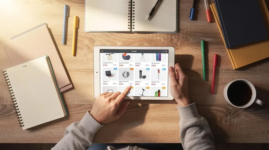 A person is sitting at a desk, browsing products on a tablet surrounded by notebooks and pens, likely researching keywords for their Etsy shop. The scene suggests a focus on optimizing their Etsy listings and enhancing their sales through effective keyword research and analysis.