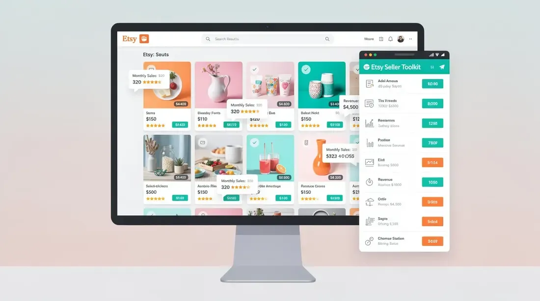 The image depicts a computer screen showcasing an Etsy search results page, enhanced with a Chrome extension interface that displays estimated monthly sales and revenue for various listings. Bright colors highlight key product data such as sales numbers and revenue in pop-up boxes, illustrating a modern tool designed to provide Etsy sellers with actionable insights for optimizing their listings and driving traffic.
