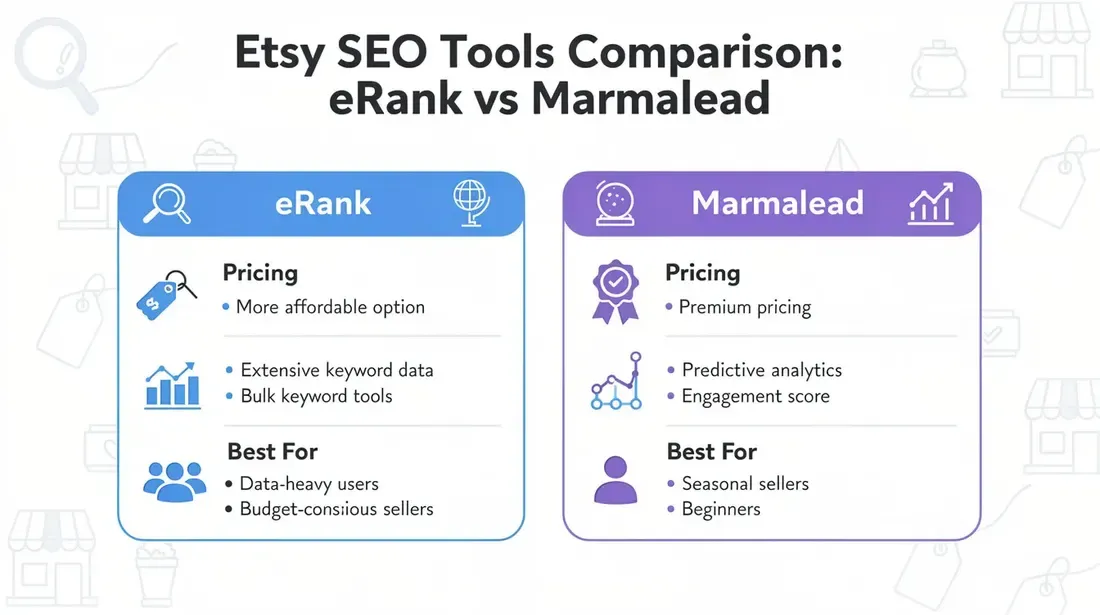 The infographic visually compares two Etsy SEO tools, eRank and Marmalead, highlighting their key features such as pricing, extensive keyword research capabilities, and target users. eRank is represented in blue, emphasizing its budget-friendly options and data-heavy tools, while Marmalead is shown in purple, focusing on its premium features and suitability for seasonal sellers and beginners.