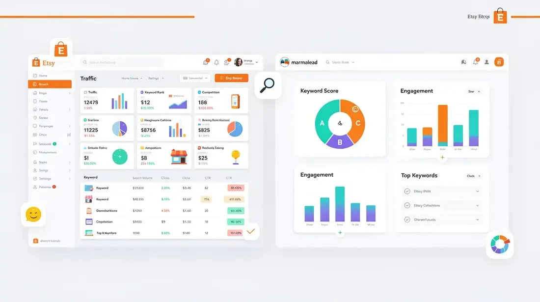 The image displays a side-by-side comparison of two Etsy SEO tools: eRank and Marmalead. On the left, eRank features a data-dense dashboard filled with multiple menus and graphs, while the right showcases Marmalead's clean and streamlined interface with visual engagement graphs and simple keyword scores, highlighting their user-friendly designs for Etsy sellers.