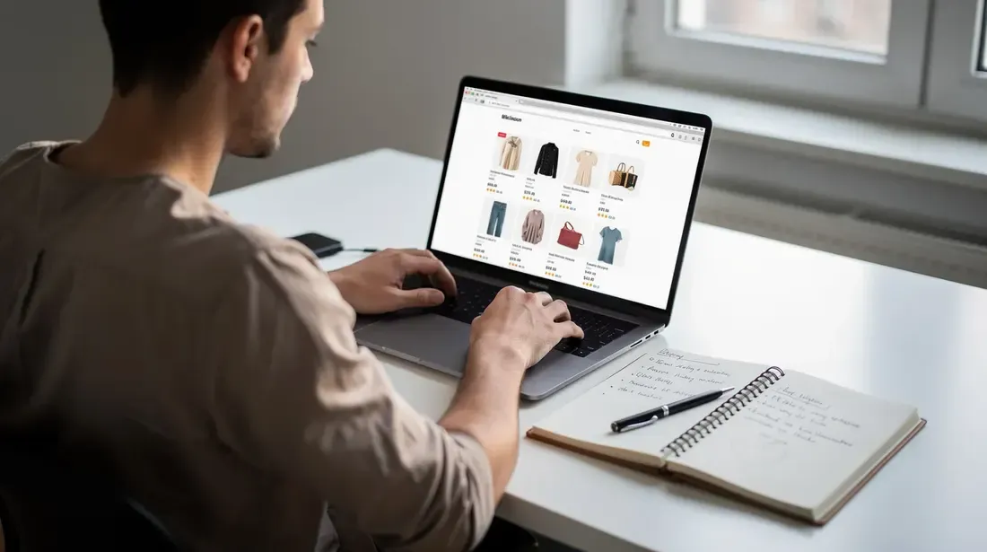 A person is sitting at a desk, intently browsing product listings on a laptop, with a notebook beside them for jotting down notes. This scene reflects the process of conducting product research and keyword analysis to optimize an Etsy shop for better visibility and sales.
