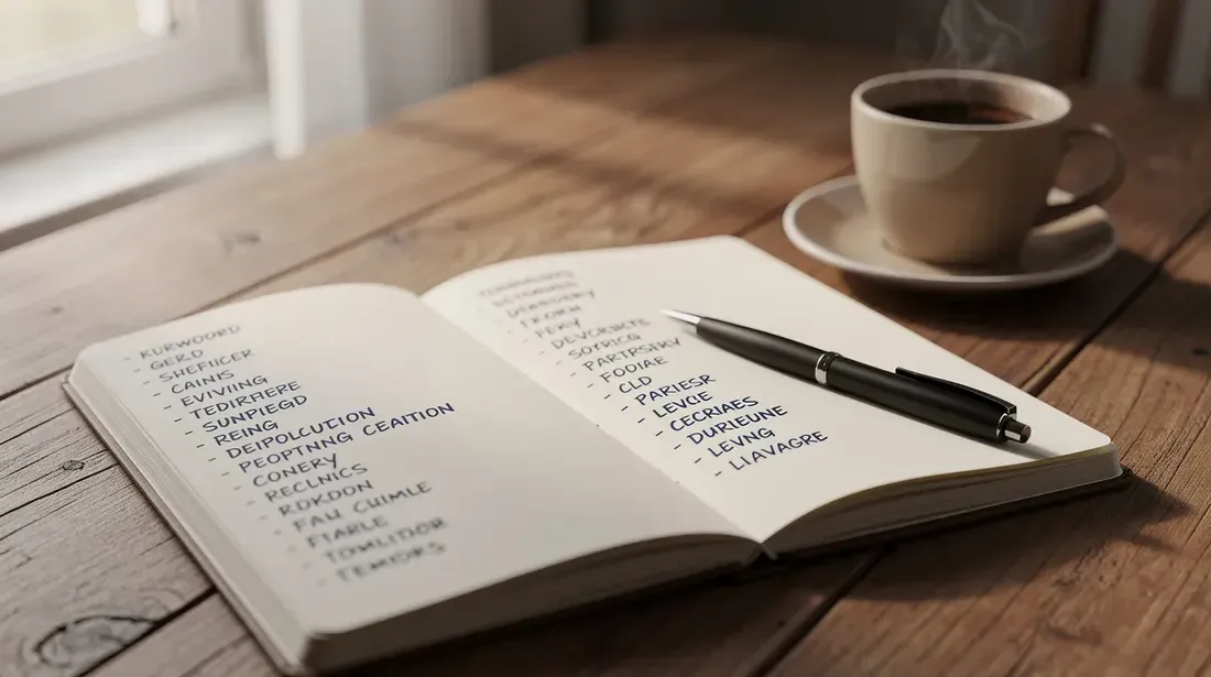 An open notebook filled with handwritten keyword lists is placed on a desk alongside a pen and a steaming cup of coffee, suggesting a moment of focused keyword research for optimizing Etsy shop listings. This scene reflects the process of using tools like eRank to enhance Etsy SEO and improve sales.