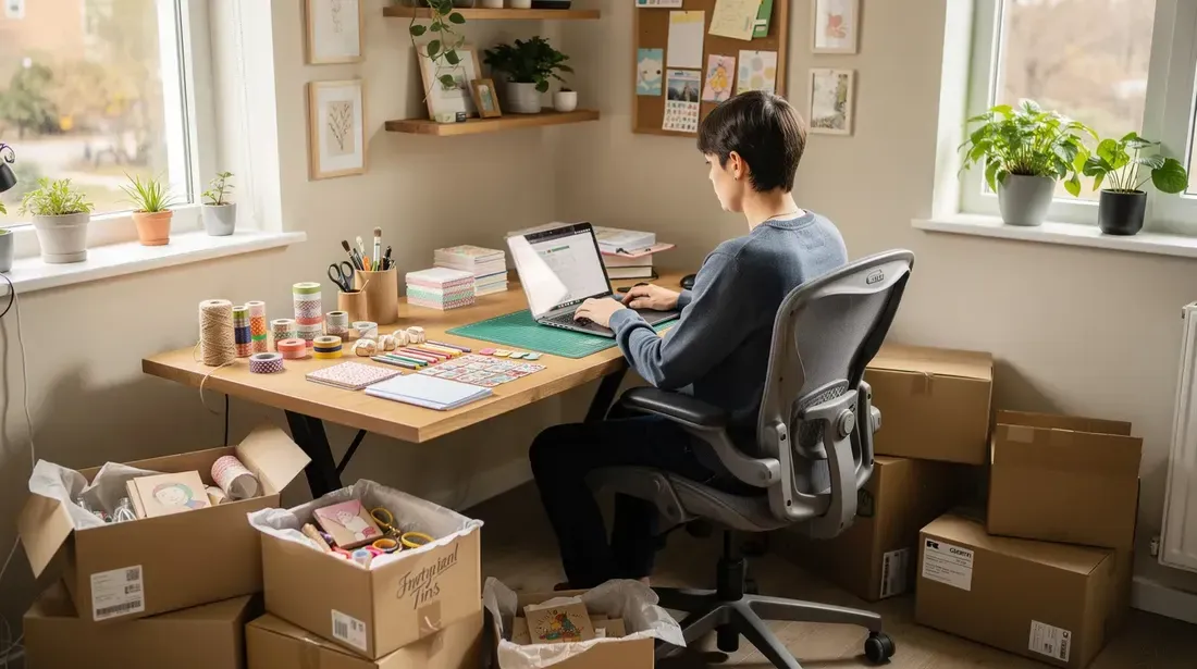 A person is seated at a desk in a bright home office, working on a laptop surrounded by various craft supplies and shipping boxes. The scene reflects a busy atmosphere where the individual is likely engaged in selling handmade products online, possibly on platforms like Etsy.