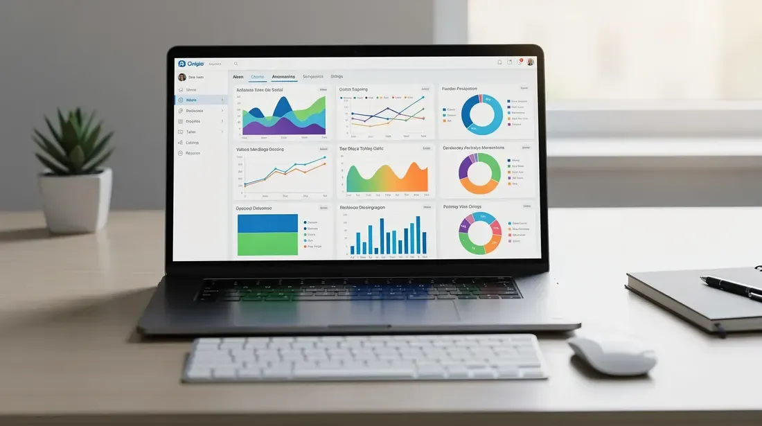The image shows a laptop screen filled with vibrant analytics charts and graphs, set against a tidy workspace. This clean environment suggests a focus on business research and sales data, ideal for sellers looking to improve their performance on platforms like Etsy or Amazon.