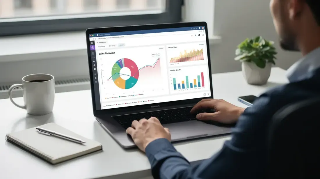 The image shows a person sitting at a desk, focused on a laptop displaying a vibrant data dashboard filled with charts and graphs, likely related to Etsy keyword research and sales performance. This setup suggests they are engaged in optimizing their Etsy shop listings and analyzing search volume for better visibility in Etsy search results.