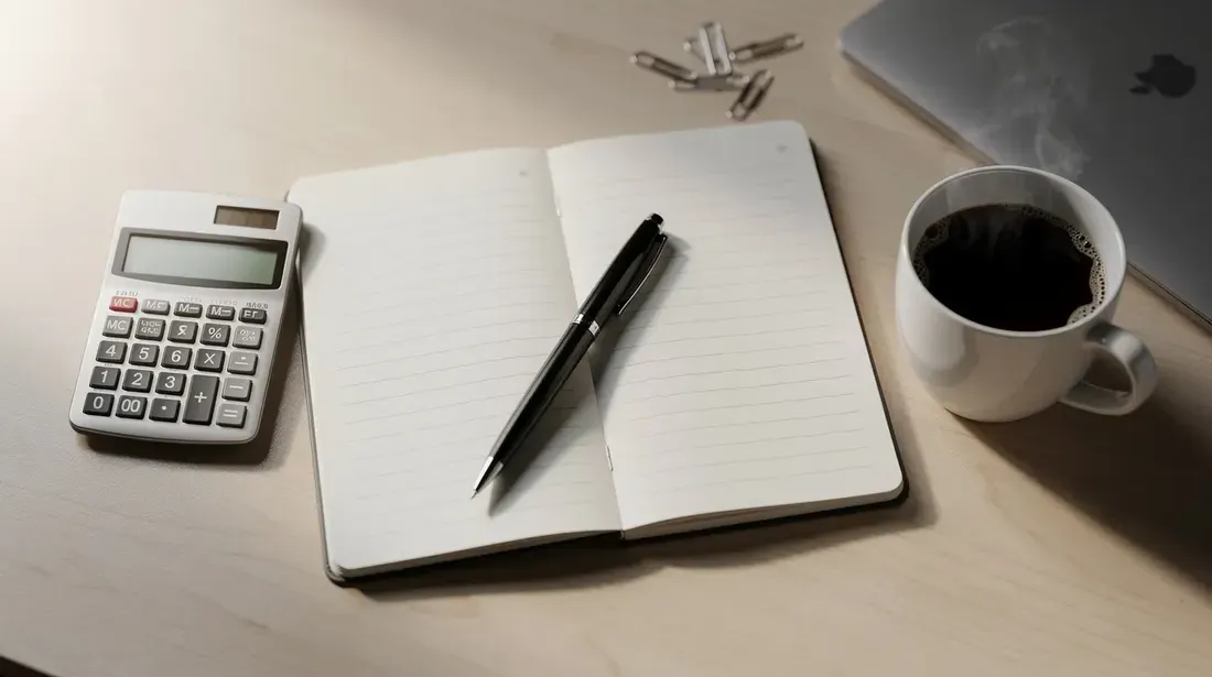 The image depicts a cozy workspace desk featuring a calculator, an open notebook filled with notes, and a steaming cup of coffee, ideal for Etsy sellers engaged in keyword research and listing optimization. This setup suggests a productive environment for those looking to enhance their Etsy shop's SEO and improve their sales through effective keyword strategies.