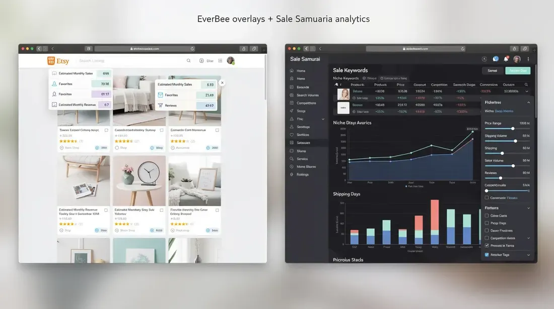 The image features a stylized screenshot of an Etsy product listing page with a Chrome extension overlay displaying estimated monthly sales, revenue, favorites, and reviews for various products. Beside it, a detailed analytics dashboard from Sale Samurai showcases advanced product filters, emphasizing how EverBee's visual data overlays enhance the overall Etsy research experience for sellers.
